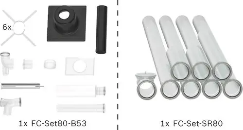 Bosch Abgas-Standardpaket mit verschiedenen Rohren und Verbindungselementen, geeignet für die Montage von Abgasanlagen in haustechnischen Anwendungen.